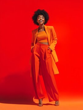 Stylish woman wearing vibrant orange outfit against a red background exuding confidence and joy in a fashion-forward pose capturing modern trends and elegance. Generative AI
