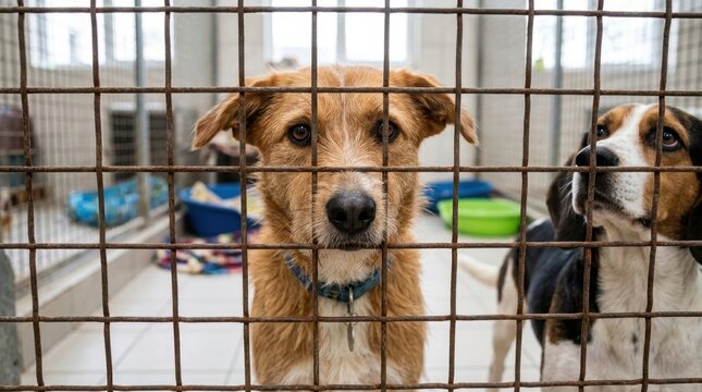 Sad and hopeful rescued stray dogs looking through a rusty metal wire cage at an animal shelter kennel facility waiting for a kind new family to adopt them and give them a forever home in this shot!!!