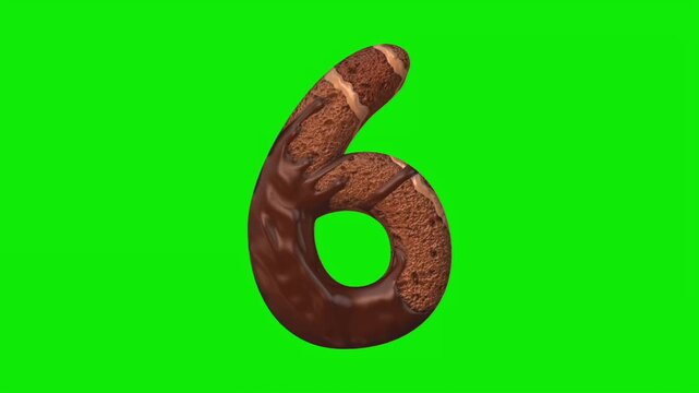Chocolate cake shaped number animation on a green screen background.