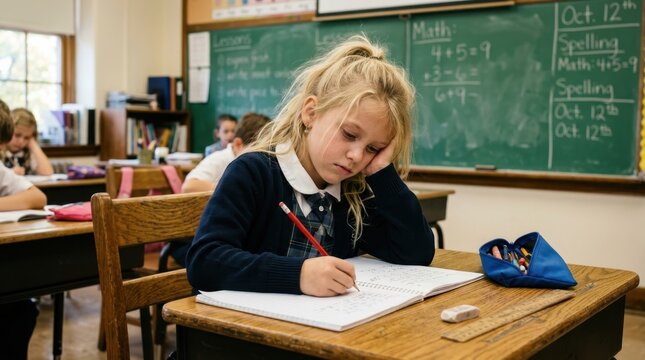The focused young blonde schoolgirl in a navy uniform sits at her wooden desk in a classic classroom setting, writing in her notebook with a green chalkboard behind her to show deep academic