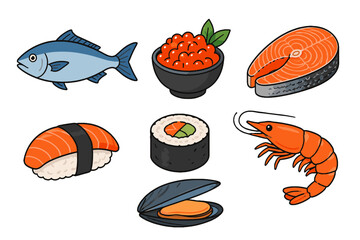 Seafood and sushi doodle set with fish, salmon, roe, shrimp © Artstock