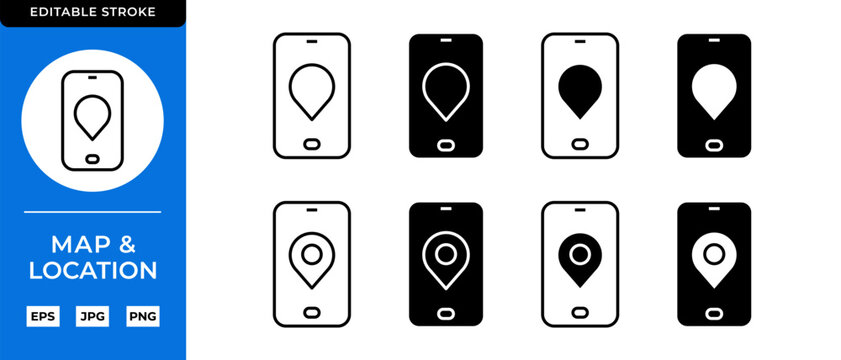 Smartphone with Pin Map Pointer on Screen Vector Icon Set. Location, Navigation, GPS and Route Symbols