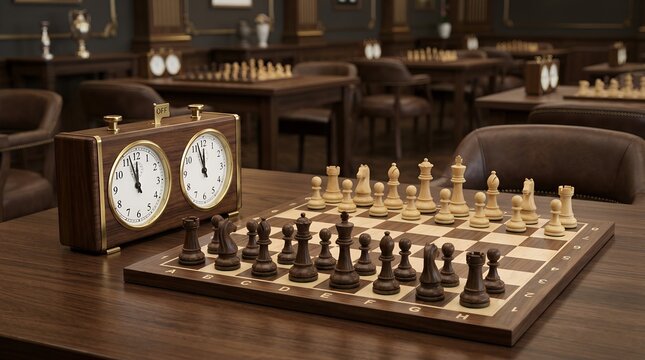 Chess clock next to a chessboard in a tournament hall, time control concept