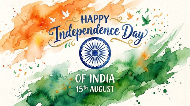 Vibrant watercolor splashes in Indian flag colors celebrate Independence Day with festive spirit and flying birds.