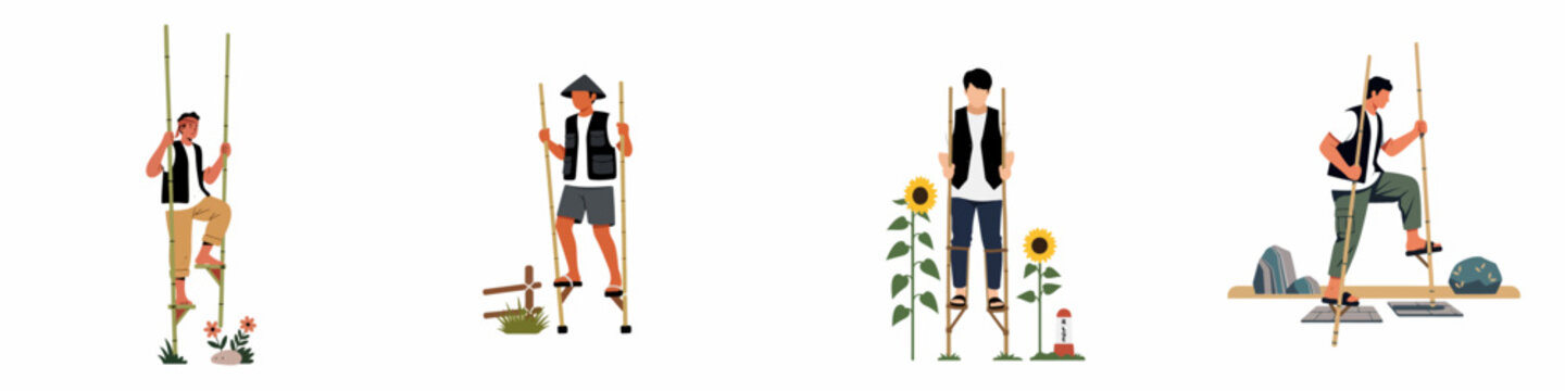 Flat illustration set of men playing egrang or traditional bamboo stilts in various outdoor scenes, representing Indonesian cultural heritage and games.