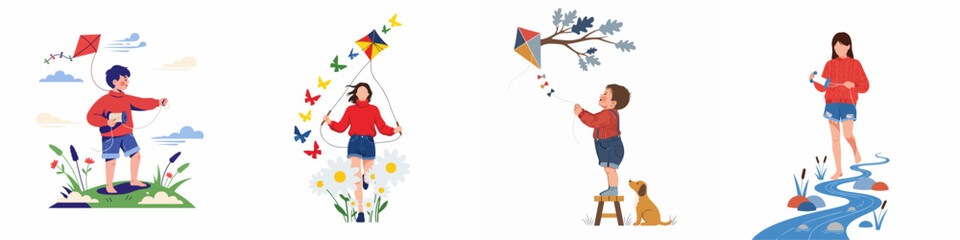 Vector illustration set of children enjoying various outdoor activities like flying kites, skipping rope, and walking by a stream in nature.