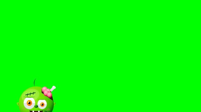 Cute green cartoon zombie walking on green screen