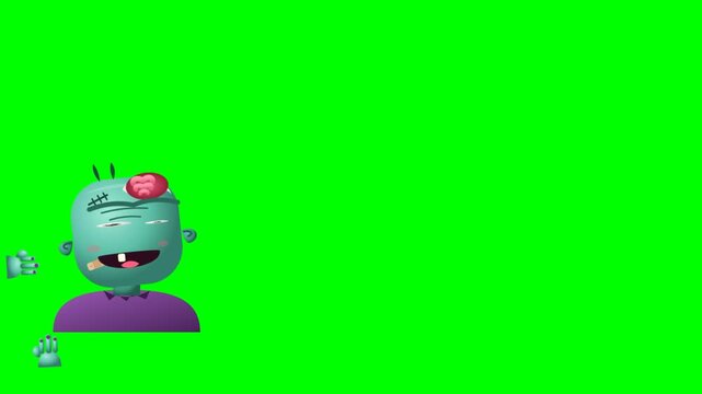 Friendly blue cartoon zombie waving on green screen