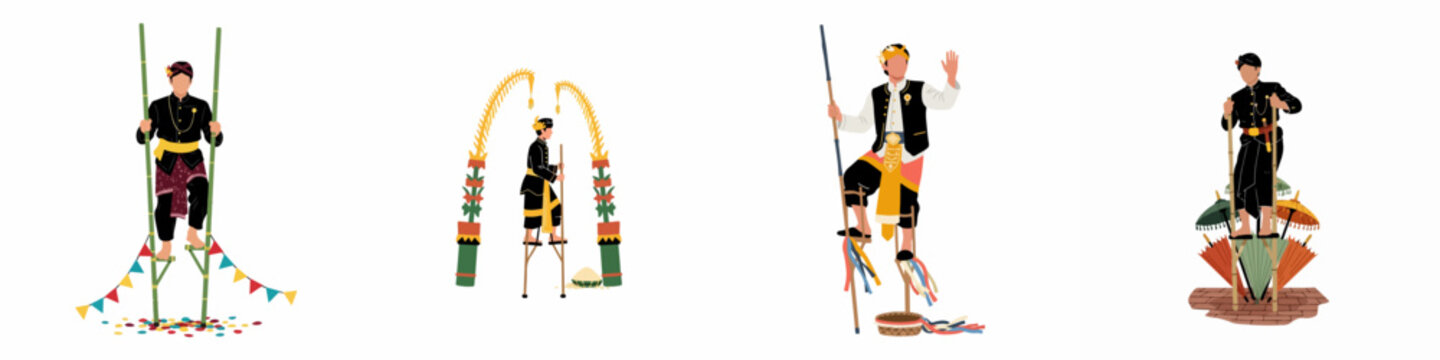 Set of Four Flat Vector Illustrations Featuring Men in Traditional Indonesian Attire Performing Egrang Stilt Walking in Various Festive Settings