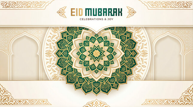 Modern flat vector illustration featuring a large Islamic geometric mandala as the focal object, symmetrical arabesque pattern, premium emerald, ivory and gold palette, minimal layered background