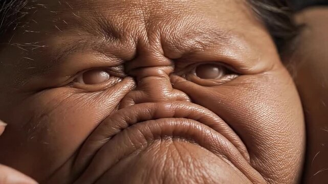 Leathery monster shows surreal face with wrinkled skin and distorted features in a close-up shot