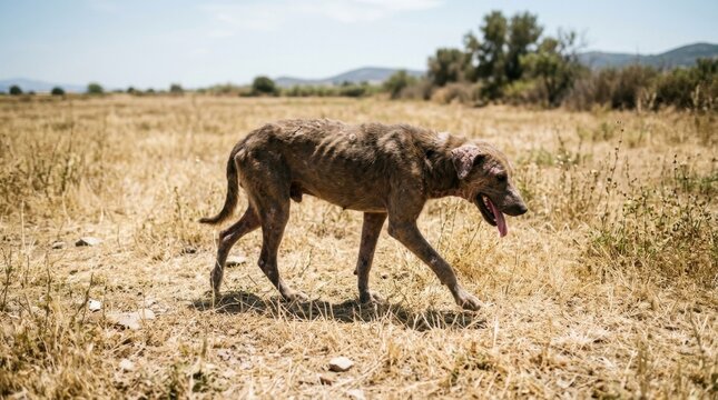 A neglected malnourished stray dog with visible ribs walks through a dry arid grass field under a bright sun seeking food and survival in a harsh environment illustrating animal neglect and