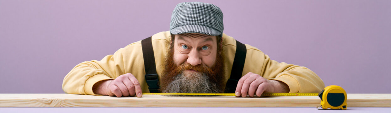 Funny bearded carpenter measuring wooden board with tape. Quirky handyman in overalls and hat on purple background. Panoramic banner with copy space