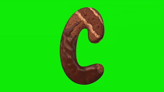 Chocolate cake shaped alphabet letter animation on a green screen background.
