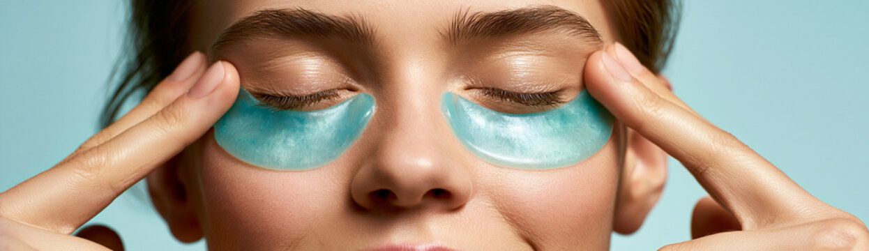 Close up of young woman applying light blue hydrogel eye patches. Female model with closed eyes doing daily skincare routine. Facial treatment and hydration concept