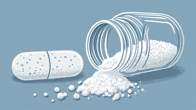 health medicine pills and capsule natural remedies medication in glass jar and scattered tablets on blue background