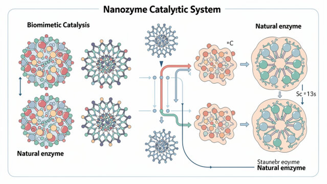 detailed scientific diagram illustrating nanozyme catalytic system with colorful molecular structures and enzyme reactions
