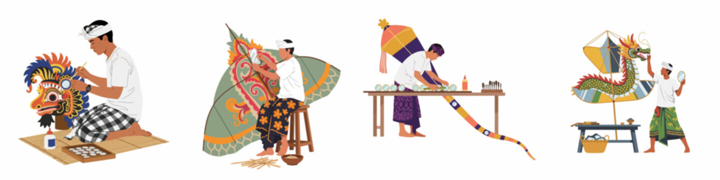 Set of illustrations depicting Balinese craftsmen making traditional items like masks and kites, showcasing Indonesian culture and heritage.