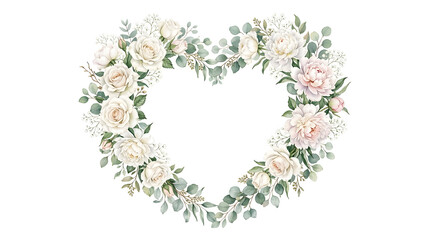 Fototapeta premium Watercolor floral heart wreath with white roses peonies and eucalyptus leaves isolated on white background