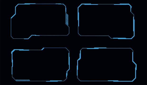Set of four futuristic digital blue HUD frames for sci-fi interface design on dark background.