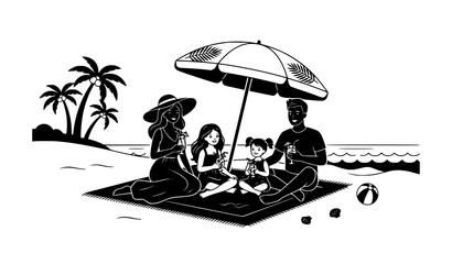 Family beach picnic illustration with palm trees and parasol © Najma