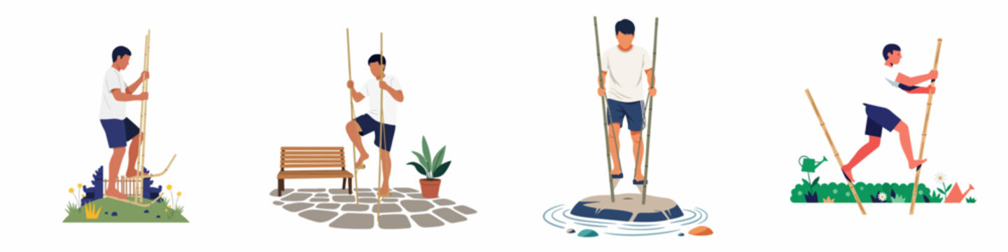 Collection of flat illustrations depicting a young man playing Egrang, a traditional Indonesian bamboo stilt game, in different outdoor environments.