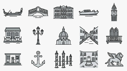 Modern Minimalist Line Drawing Icons of Venice Landmarks Boats and Symbols in Monochrome with high quality professional line art symbols for modern creative design and digital branding projects © Izaa
