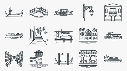 Minimalist Black and White Line Drawing Icons Set Featuring Venetian Gondolas Bridges Boats Landmarks and Architecture © Izaa