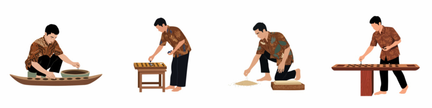 Illustrations of an Indonesian man in traditional batik clothing playing the traditional board game Congklak in various poses.