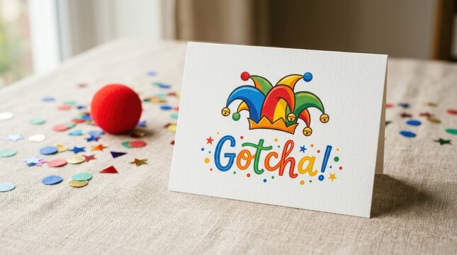 Playful April Fools Day greeting card with a colorful jester hat and Gotcha text sitting on a linen table with a red clown nose and festive confetti, creating a perfect mood for lighthearted pranks!!