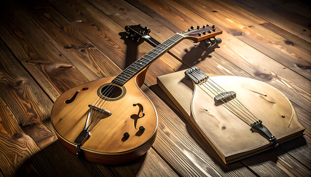 Mandolin and dulcimer on wood.