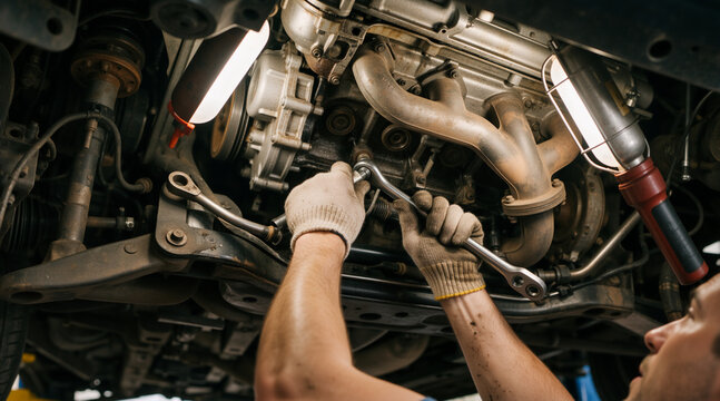 Mechanic working under a car with a wrench. Auto technician repairing vehicle exhaust system in a garage illuminated by work lights