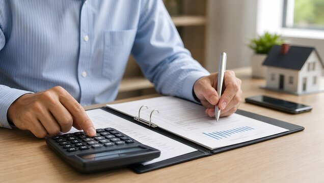 Accountant calculating financial expenses and income with calculator and documents on desk.