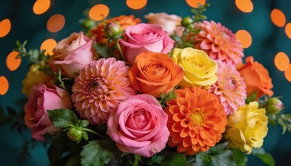 Obraz premium Vibrant bouquet of roses and dahlias in pink, orange, and yellow hues