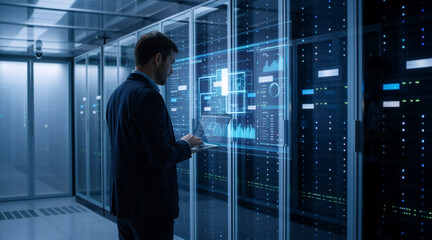 Fototapeta premium IT administrator with a laptop analyzing holographic data in a server room. Futuristic concept of cloud computing and network cybersecurity