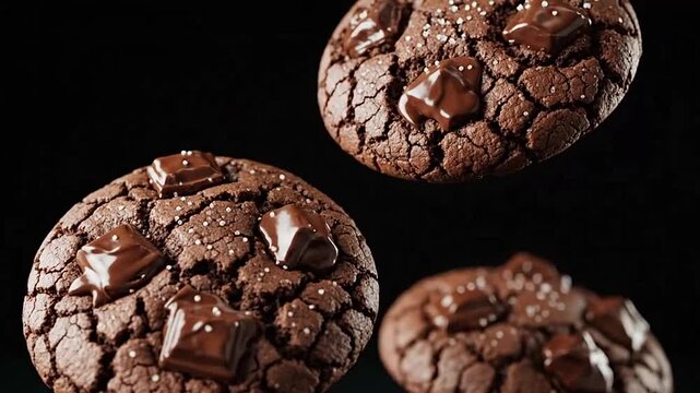 Delicious dark chocolate cookies floating against a dark background