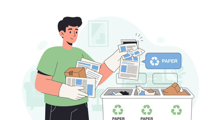 Naklejka premium Man sorting paper for recycling, eco-friendly waste management concept