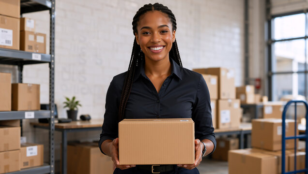 Smiling Black woman holding a cardboard box in a warehouse. African American female worker in an e-commerce fulfillment center