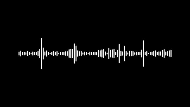 music equalizer waveform black screen 4k, realistic white audio wave pulsing and fluctuating, sound frequency visualization, alpha channel seamless loop