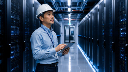 Fototapeta premium Asian IT specialist working in data center server room. Male network engineer holding tablet in computer hosting facility. Technology infrastructure concept