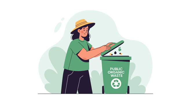 Woman in hat discards organic waste into green public bin