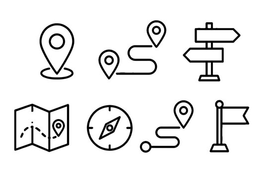 Navigation and location outline icon set on white background
