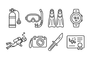 Scuba diving equipment outline icon set © Artstock