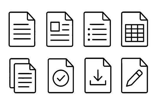 Document file outline icon set with text, table, check and edit