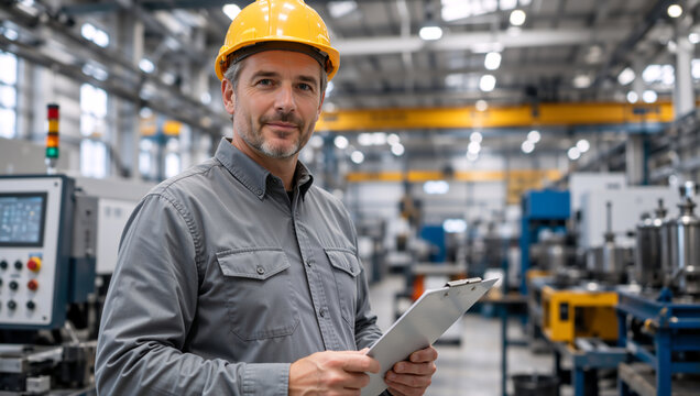 Portrait of a male factory manager holding a clipboard in a manufacturing plant. Smiling engineer wearing a yellow hard hat in an industrial workshop. Quality control concept