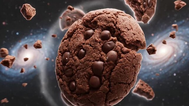 Chocolate chip cookies floating in deep space among distant glowing spiral galaxies