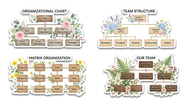Organizational charts displaying team structures matrix setups and plant themed employee groups in professional office environment