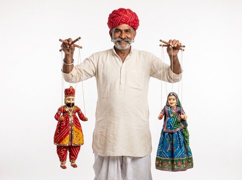 Traditional Rajasthani Puppet Artist Performing with Kathputli on White Background