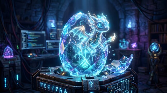 Baby dragon hatching from glowing digital egg in mysterious, high-tech chamber.