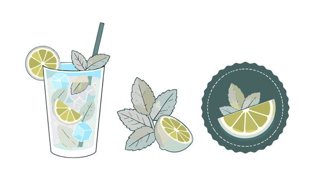Lime and mint cocktail vector set with glass garnish and badge